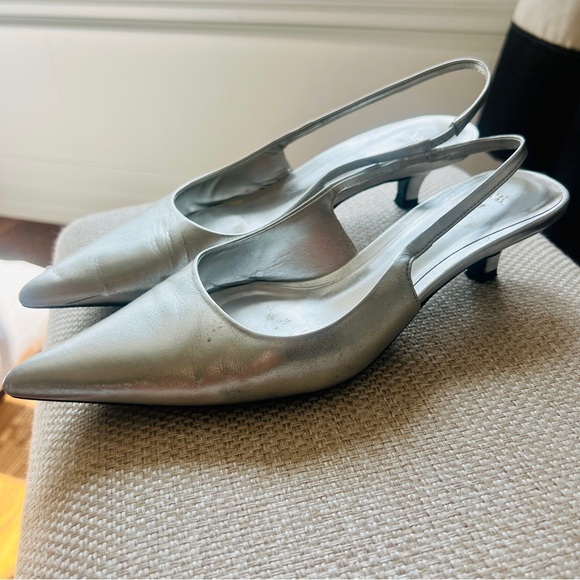 Zara | Silver Chrome Leather Slingback Shoes - Picture 4 of 13